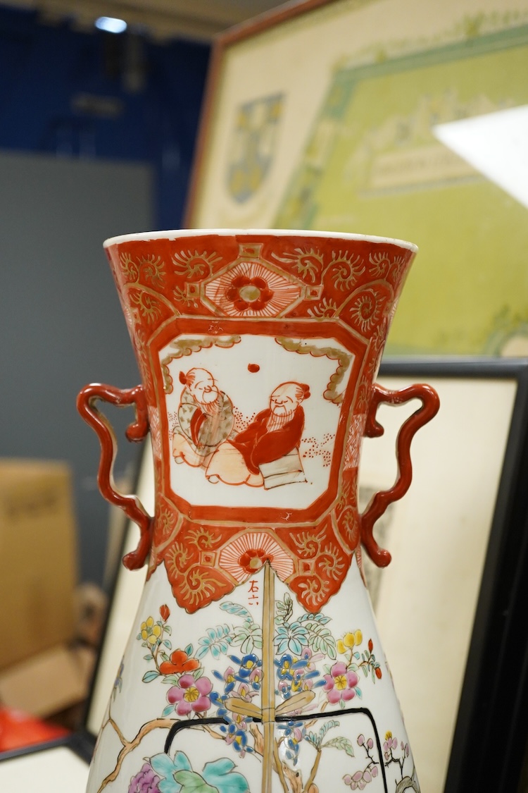 A pair of tall Japanese two handled Kutani style vases, c.1900, 41cm high